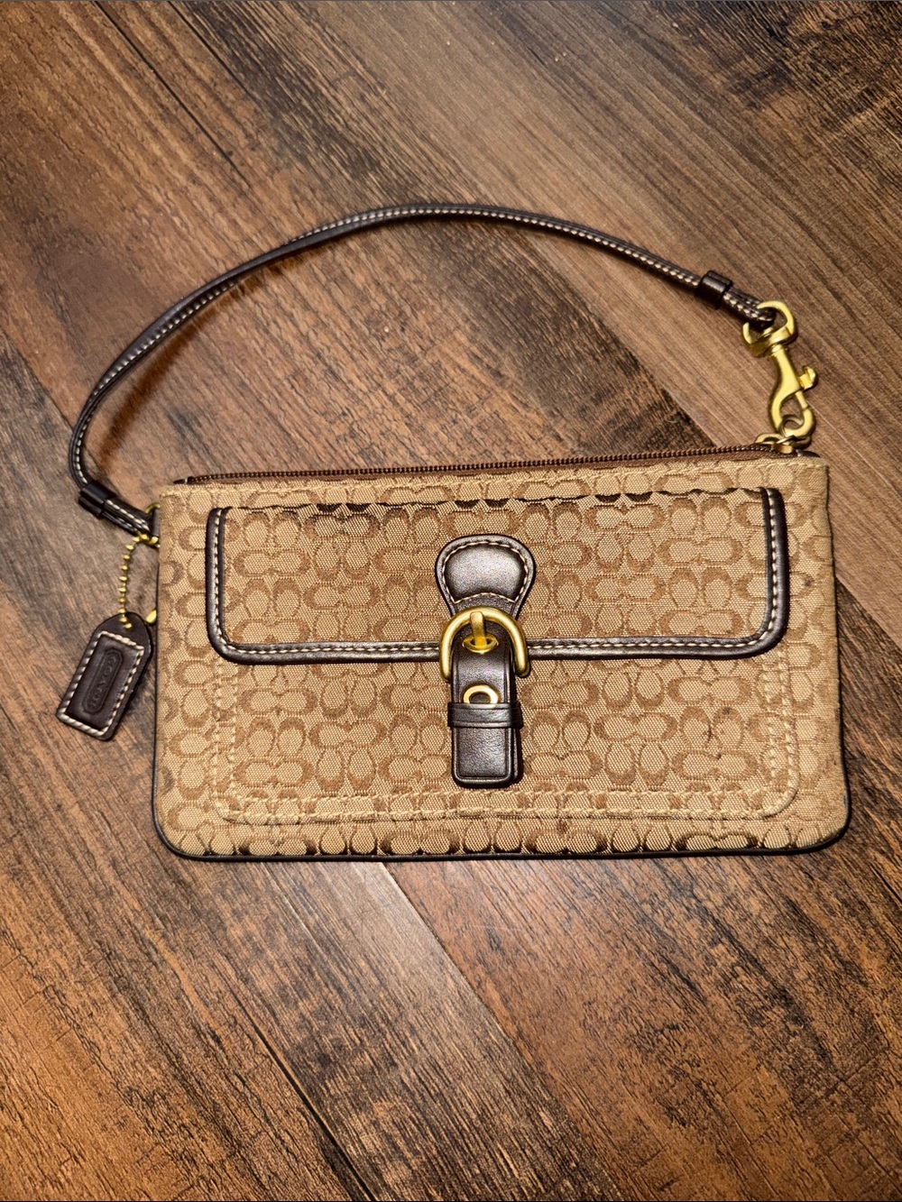 Coach Soho Vintage Tan and Brown Signature Canvas Wristlet with Leather Trim